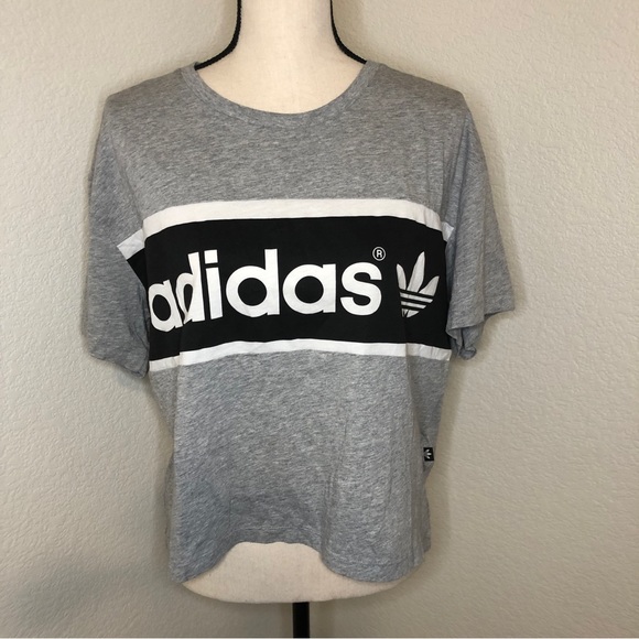 Adidas Grey Striped Cropped T-shirt Size Medium - Picture 2 of 7